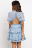 Sky Blue Floral Print V Neck Ruffle Backless Mini Dress