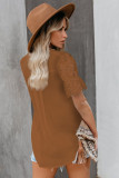 Brown V Neck Eyelet Short Sleeve Pleated Blouse
