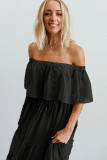 Black Off Shoulder Ruffle Swiss Dot Maxi Dress
