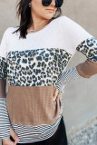 Brown Stripes Leopard Splicing Colorblock Long Sleeve Top