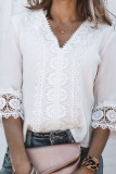 White 3/4 Sleeves Crochet Detail V Neck Blouse