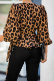 Leopard Ruffled Wrap V-Neck Blouse with Belt