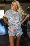 Gray Leopard Pink Accent Tee and Drawstring Shorts Lounge Set