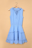 Sky Blue Sleeveless V Neck Ruffled Swing Mini Dress