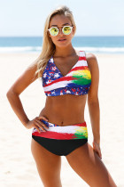 Multicolor Tie-dye Flag Print Wrap V Neck Lace-up Back Bikini