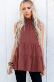 Brown Frilled Collar Sleeveless Knotted Tiered Flowy Tank
