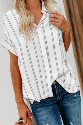 Gray Striped Short Sleeve Buttoned Pocket Shirt