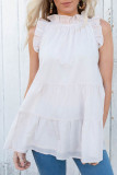 White Frilled Collar Sleeveless Knotted Tiered Flowy Tank