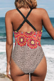 Halter Neck Scallop Trim Cutout Leopard Floral Color Block One-Piece Swimsuit