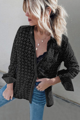 Black Long Sleeve Eyelet Floral Pattern Hollow-out Shirt