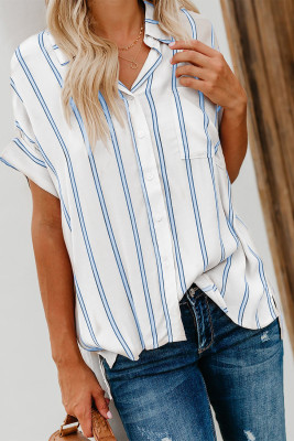 Sky Blue Striped Short Sleeve Buttoned Pocket Shirt
