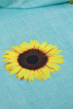 Short Sleeve V Neck Sunflower Print Mini Dress with Pocket