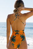 Orange Halter Coconut Tree Print Crisscross Backless Monokini