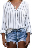 White/Blue Striped V Neck Pocket Long Sleeve Top