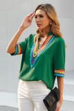 Green Ethnic Colorblock Short Sleeves Top