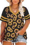 Yellow Plus Size Sunflower Print Striped Short Sleeve V Neck T-shirt
