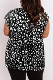 Black Leopard Flower Print Splicing Short Sleeve Plus Size Tunic