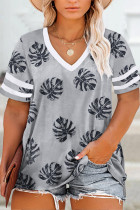 Gray Palm Tree Leaves Print Striped Short Sleeve V Neck T-shirt