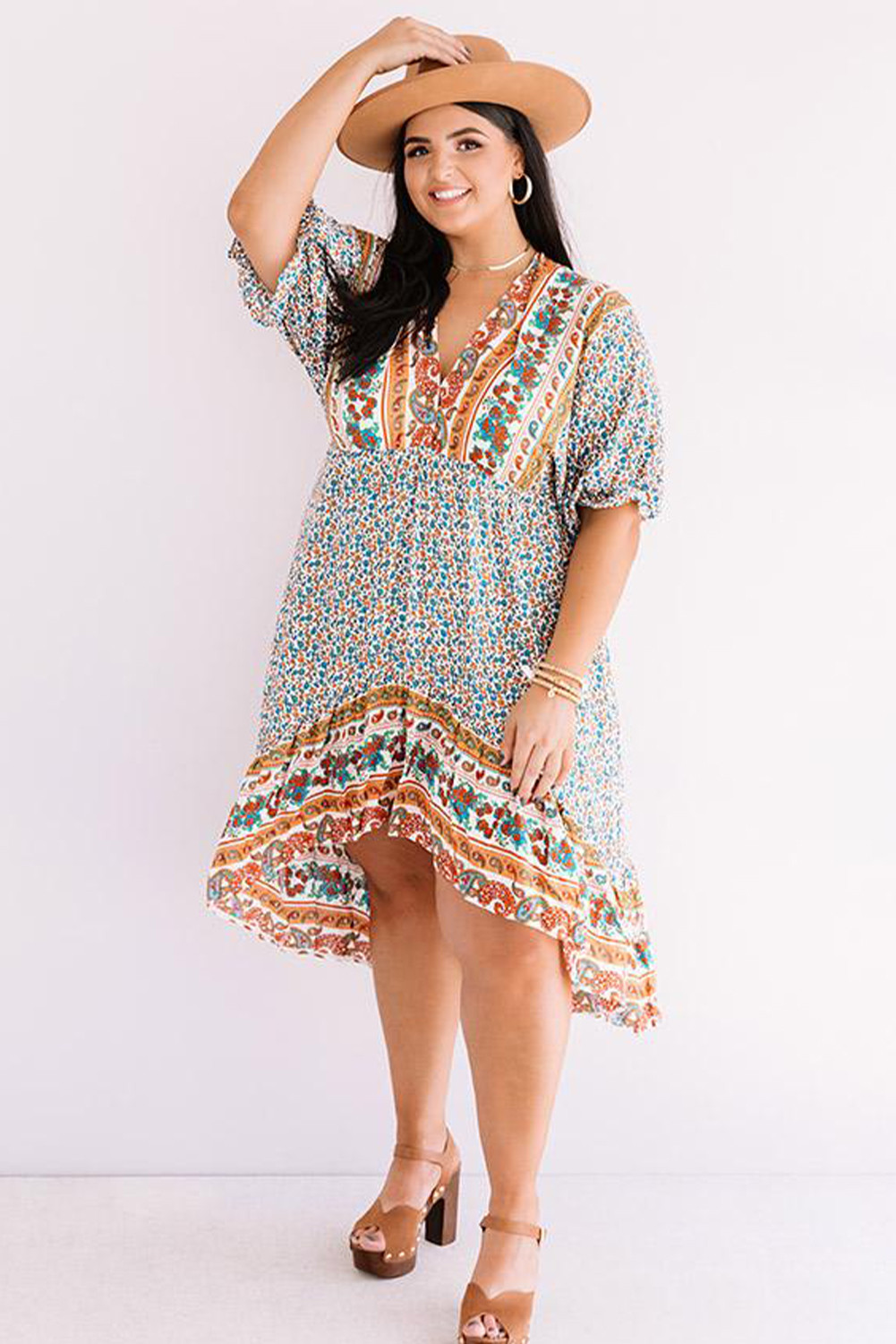 US$ 17.34 - Plus Size Bohemian Floral Print Puff Sleeve Ruffle Dress ...