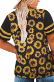 Yellow Plus Size Sunflower Print Striped Short Sleeve V Neck T-shirt