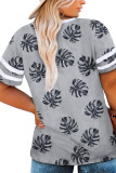 Gray Palm Tree Leaves Print Striped Short Sleeve V Neck T-shirt