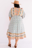 Plus Size Bohemian Floral Print Puff Sleeve Ruffle Dress