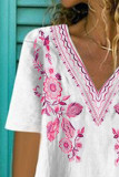White Floral Pattern V Neck Short Sleeve Top