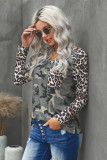 Leopard Camo Splicing Print V Neck Long Sleeve Top
