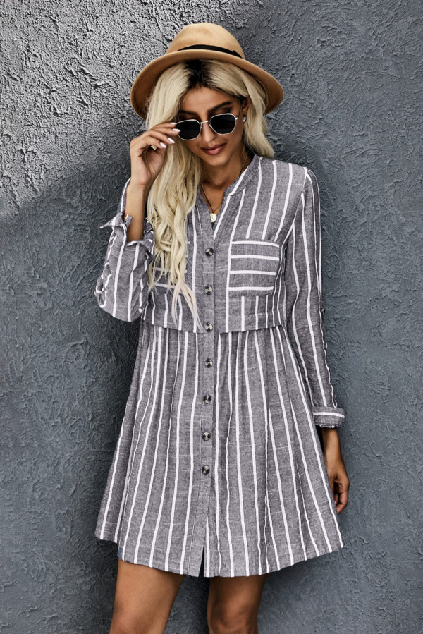 Gray Contrast Striped Buttoned Shirt Dress
