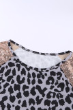 Sequin Shoulder Splicing Leopard Long Sleeve Top