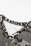 Leopard Camo Splicing Print V Neck Long Sleeve Top