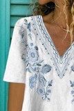 Blue Floral Pattern V Neck Short Sleeve Top