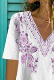 Purple Floral Pattern V Neck Short Sleeve Top