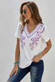 Purple Floral Pattern V Neck Short Sleeve Top
