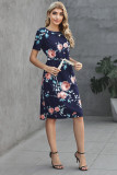 Blue Short Sleeve Pocketed Drawstring Casual Floral Dress