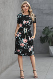 Black Short Sleeve Pocketed Drawstring Casual Floral Dress