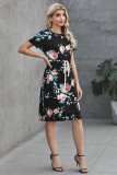 Black Short Sleeve Pocketed Drawstring Casual Floral Dress