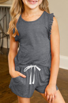 Gray Solid Color Girl's Ruffle Tank and Drawstring Shorts Set