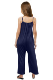 Blue Spaghetti Strap Wide Leg Girl's Jumpsuit with Pocket