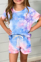 Sky Blue Girl's Tie Dye T Shirt and Drawstring Shorts Set