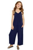 Blue Spaghetti Strap Wide Leg Girl's Jumpsuit with Pocket