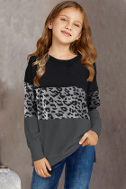 Black Leopard Print Colorblock Kids Long Sleeve Top