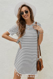 Crew Neck Striped T-shirt Mini Dress with Tassel