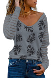Gray Palm Leaves Patchwork Mesh Long Sleeve Top