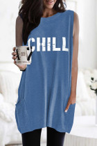 Blue CHILL Letters Graphic Tank with Pockets