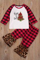 Christmas Print Long Sleeve Top  Plaid Flare Trousers Girl's 2PCS Set Unishe Wholesale