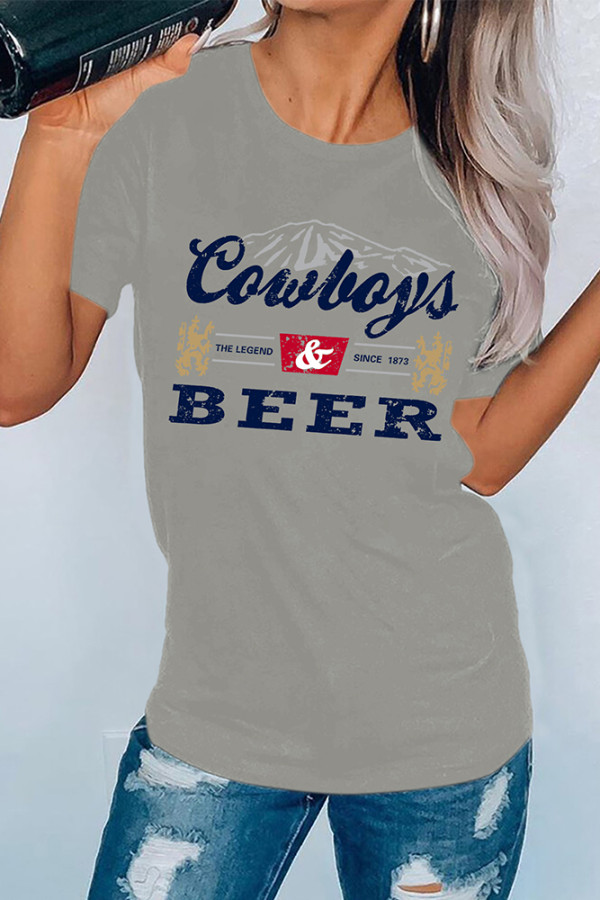 US$ 5.50 - Cowboys Beer Print Graphic Tees for Women UNISHE Wholesale ...