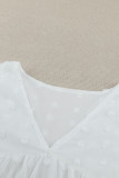 White V Neck Lantern Sleeve Swiss Dot Plus Size Blouse
