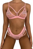Pink Adjustable Straps Ruffle Lace Bralette Set