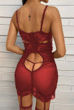 Red Deep V Neck Ruched Transparent Lace Mesh Chemise